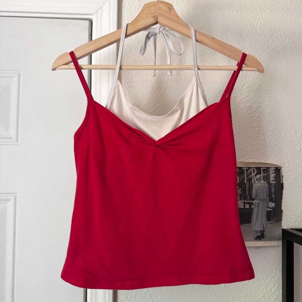 Vintage y2k red white layered spaghetti strap halter neck cropped knit tank top